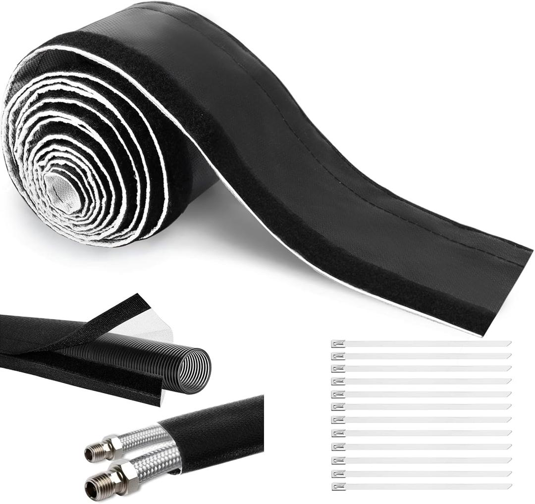 Wire Heat Shield for Hose Lines & Electrical Wiring, Heat Shield Wrap Automotive for Exhaust and High-Temperature Pipes with 20 Pcs Stainless Steel Ties, 1-1/2" I.D.x 10FT, Black