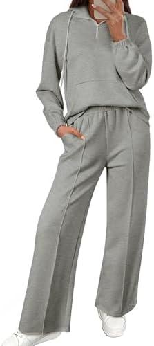 Aleumdr Women 2 Piece Sweatsuit Casual Long Sleeve Half Zip Tracksuits Hoodies and Wide Legs Sweatpangts with Pockets SMALL