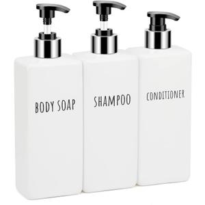 Segbeauty Square Soap Dispenser Refillable, 3pcs 16.9oz Plastic Pump Bottles, 500ml Empty Reusable Modern Bathroom Kitchen Liquid Container Set for Dispensing Shampoo Conditioner Body Soap White