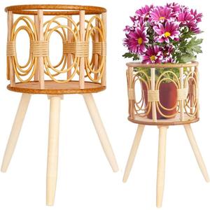 Boho Rattan Plant Stand Indoor Outdoor - 2 Rattan Wicker Planter Shelf for Multiple Plants, Mid Century Modern Wooden Flower Pot Holder with Stand, Farmhouse Home Decor for Living Room (Double round style (2-piece set))