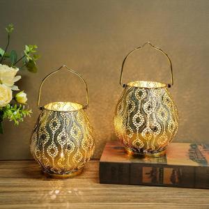 TRIROCKS Set of 2 Moroccan Decorative Lamps 8'' High Cordless Lamp Metal Table Lamps with Fairy Lights Bulb for Home Living Room Garden Yard Party Events Tabletop Indoor Outdoor(Gold)