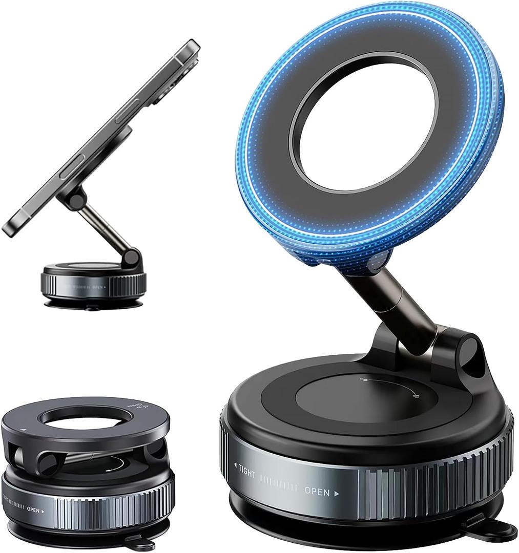 720Rotatable Vacuum Magnetic Phone Stand, Vacuum Magnetic Phone Holder Foldable&Adjustable, Suction Cup Phone Mount for Car/Gym/Mirror/Shower/Smooth Surface, Compatible iPhone 16 15 14 13 12 &Android (Black)