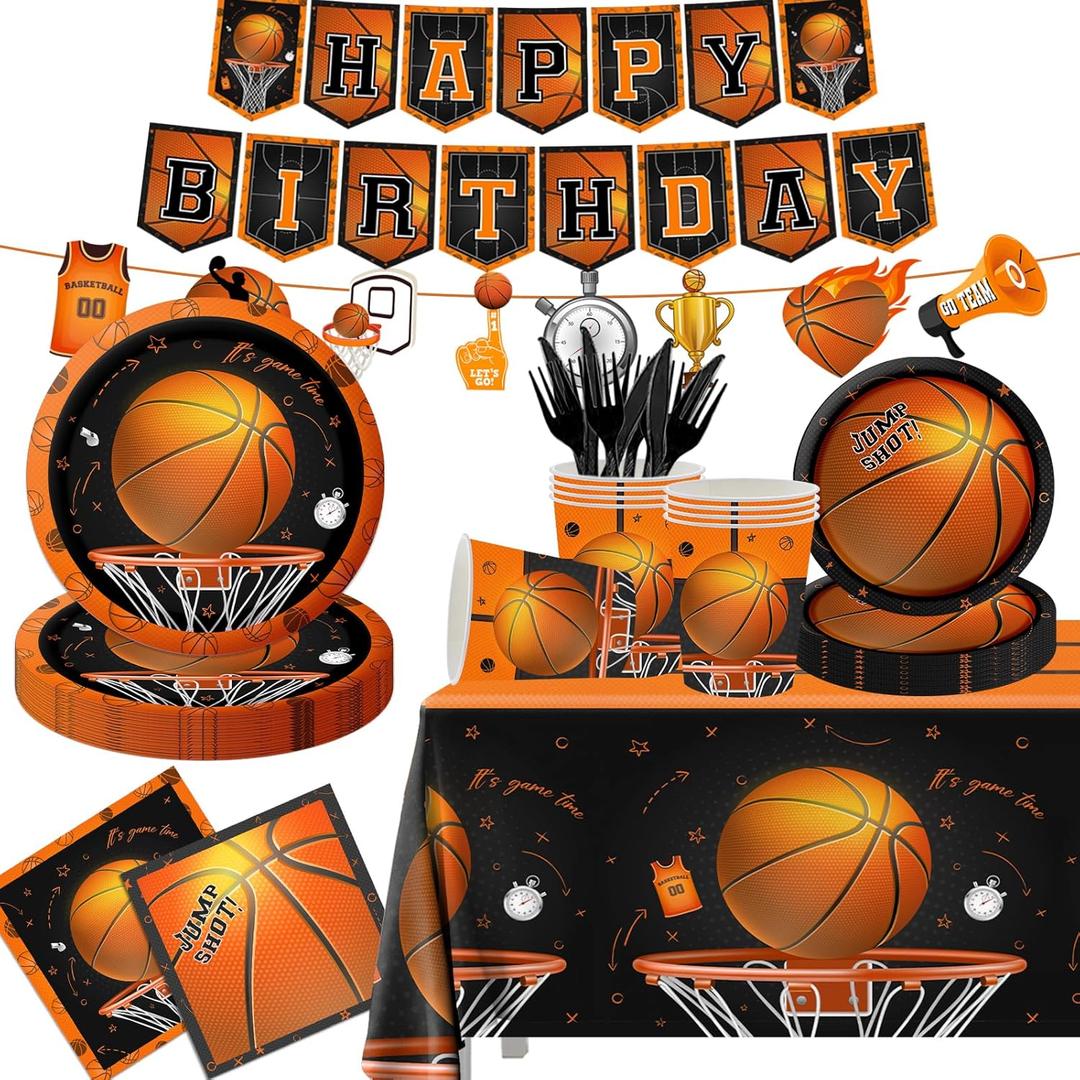 CMUSKO Basketball Party Supplies, 142Pcs Basketball Sports Theme Birthday Party Supplies Tableware Set,Include Basketball Plates and Napkins,Cups,Banner,Tablecloth for Basketball Birthday Decorations