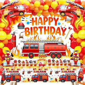 Fire Truck Birthday Party Decorations Kit 69Pcs Set with Backdrop, Table Cover, Fire Truck & Flame Foil Balloons, Cake Toppers, Latex Balloons for Kids Firefighter Rescue Party