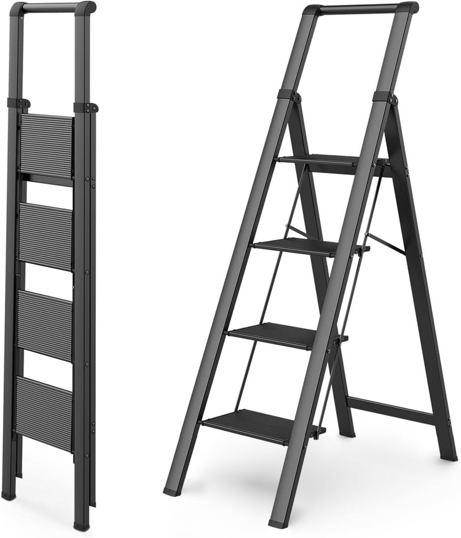 WOA WOA 4 Step Ladder, Ladders for Home, Anti-Slip Aluminum Pedals, Step Stool Foldable, Lightweight to Move, Ease of Storage, Reach 9ft for Closet Kitchen Library, Hold 300lbs - Black