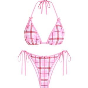 ZAFUL Bikini Sets for Women Halter Bow Decor Tiny Floral Gingham Print Swimsuit Tie Side 2 Pieces Bathing Suit (M)