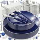 KIRE 175Pcs Blue Plastic Plates with Silver Rim & Disposable Silverware with Blue Handle & Silver-rim Cups & Hand Napkin & Plastic Dinnerware for Parties/Wedding/Graduation