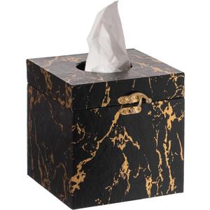 Black and Gold Marble Tissue Box Cover for Kleenex Box, Modern Elegant Tissue Box Holder with Lock for Bathroom, Bedroom, and Living Room, Square Shape Toilet Tissue Holder Organizer (Black and Gold Square)