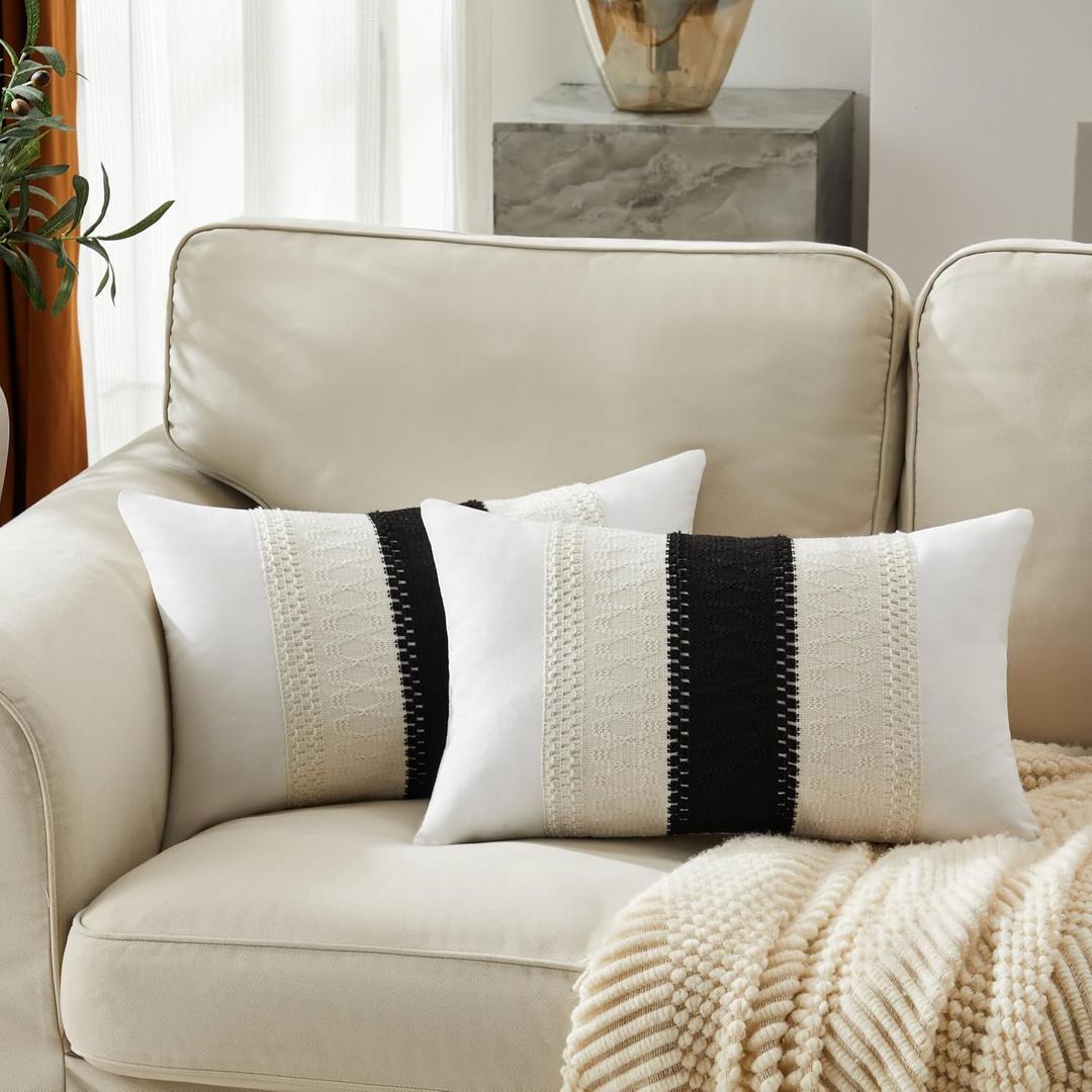 Soft Cotton Boho Lumbar Throw Pillow Covers Set of 2, Natural White/Contrast Black 12x20 Inch, Black Farmhouse Decorative Cushion Covers for Sofa Bed Living Room Home Decor