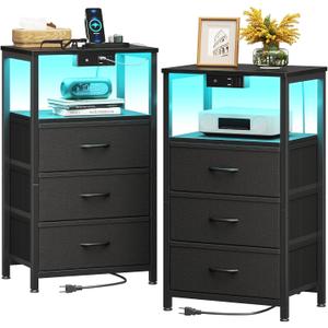 Casaottima Night Stand Set 2, Bedside Tables with Charging Station, LED Nightstand with Fabric Drawers, End Table with Open Shelf, Nightstand for Bedroom, Black