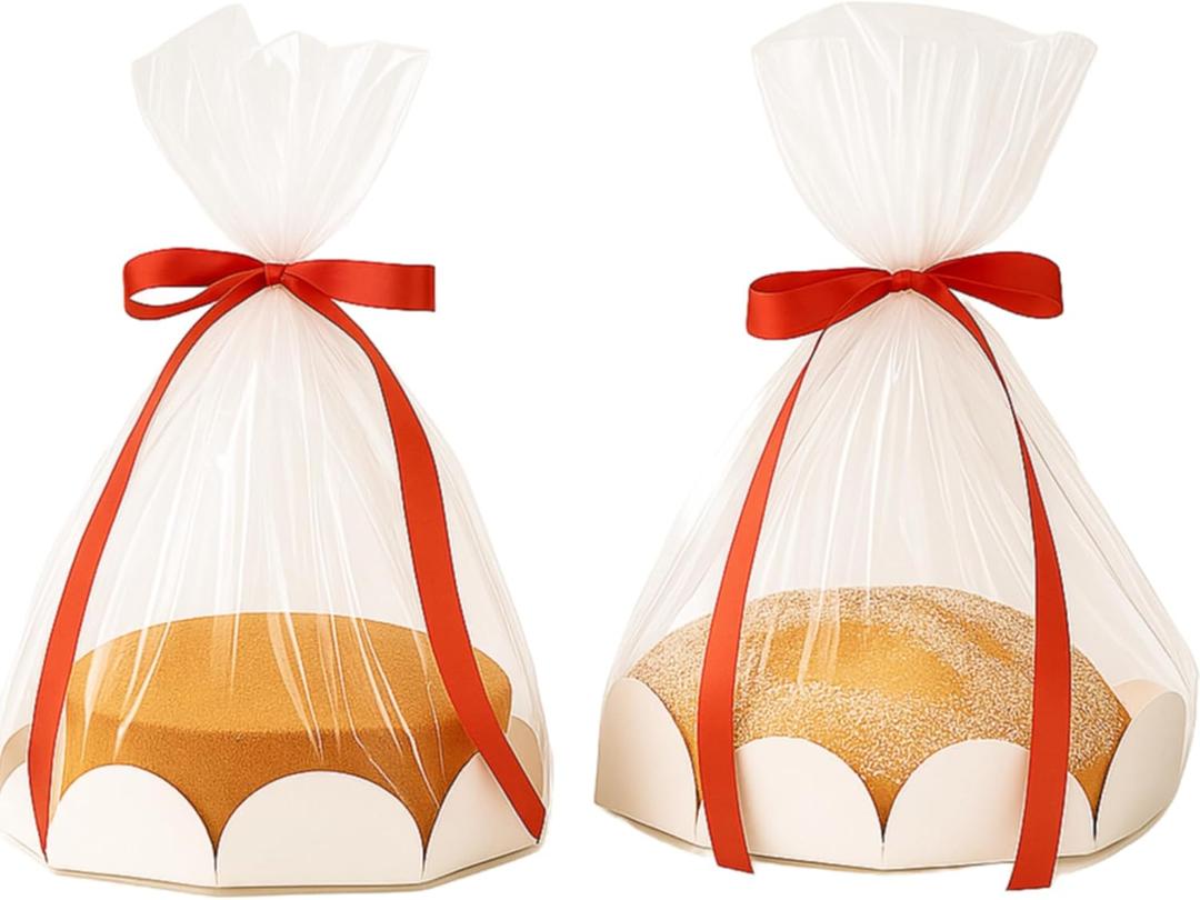 Sunnychicc 20 Pcs Christmas Clear Plastic Bake Bags with Red Ribbon 8 Inch Clear Cellophane Bags for Toast Bread Cookies Candy Chocolate Cake Christmas Gift Packaging Cake Tray and Gold Ribbon