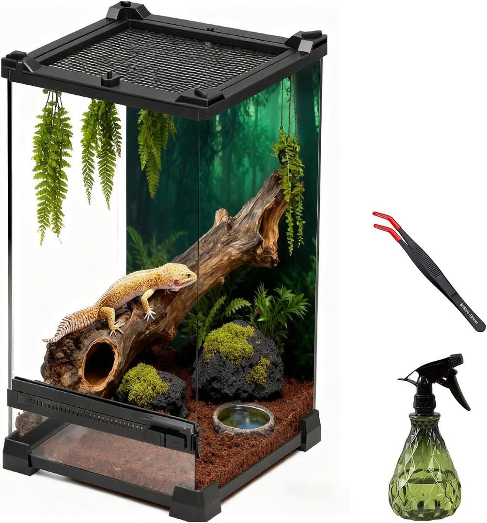 Reptile Tall Glass Terrarium Rainforest Habitat Single Door with Screen Ventilation,Small Reptile Terrarium for Spiders, Tarantulas, Snail, Mantis, Lizard (10 * 10 * 13.8 inch)