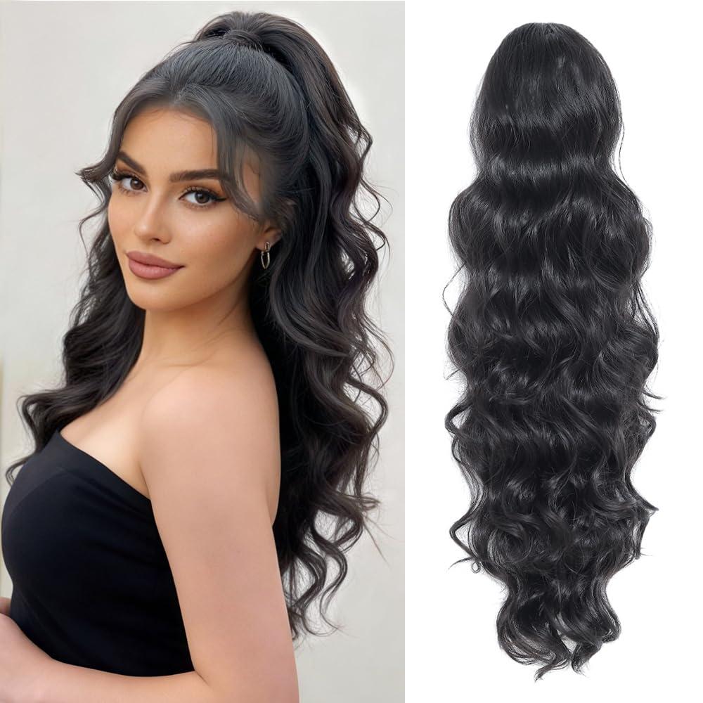 KETHBE Ponytail Extension,24 inch Drawstring Ponytail Hair Extensions,Long Body Wave Synthetic Pony Tails Hair Pieces for Daily Use (Black)