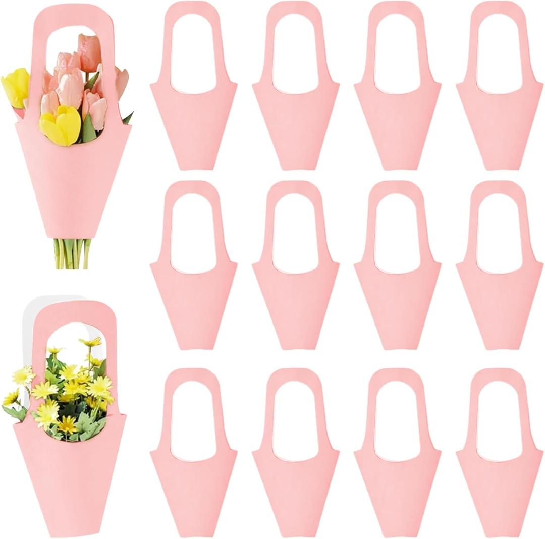 Enorteen 30 Pcs Flower Wrapping Paper Gift Bags with Handle - Bouquet Gift Bags for Thanksgiving, Birthday, Wedding Parties - Pink
