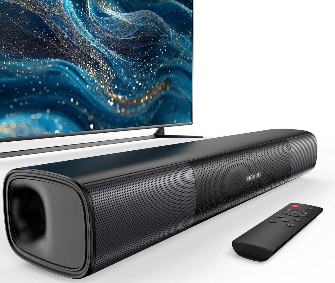 RIOWOIS Sound Bar for Smart TV, Bass Boost and Crisp Vocals,Bluetooth Soundbar for TV/PC/Gaming/Projectors,Optical/AUX/Wall Mount,17inch