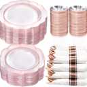 NOCCUR 350PCS Rose Gold Plastic Plates - Clear Rose Gold Disposable Dinnerware Set - Include 100 Dinner/Dessert Plates,50 Cups,50 Pre Rolled Napkins with Cutlery Set - Ideal for Party&Wedding
