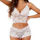 Lilosy Sexy Women Floral Lace Pajamas Lingerie Set High Waist Sheer Sleepwear See Through Nightwear Cami Shorts Bra and Panty 2 Piece White X-Large