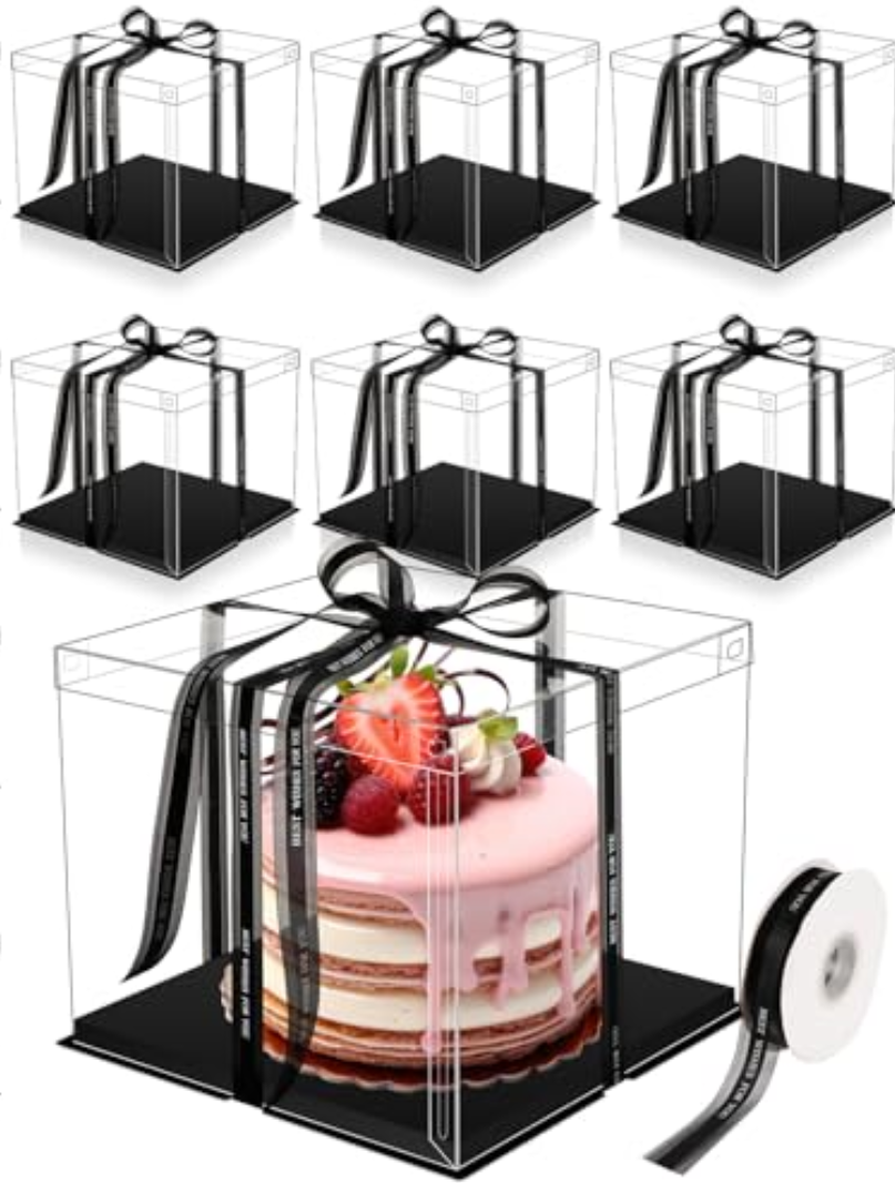 Maxdot 6 Pcs Transparent Tall Cake Boxes 12" x 12" x 10" Large Clear Cake Box with Ribbon Cake Carrier PET Wedding Cake Storage Container Clear Gift Boxes for Party Birthday Dessert Display (Black)