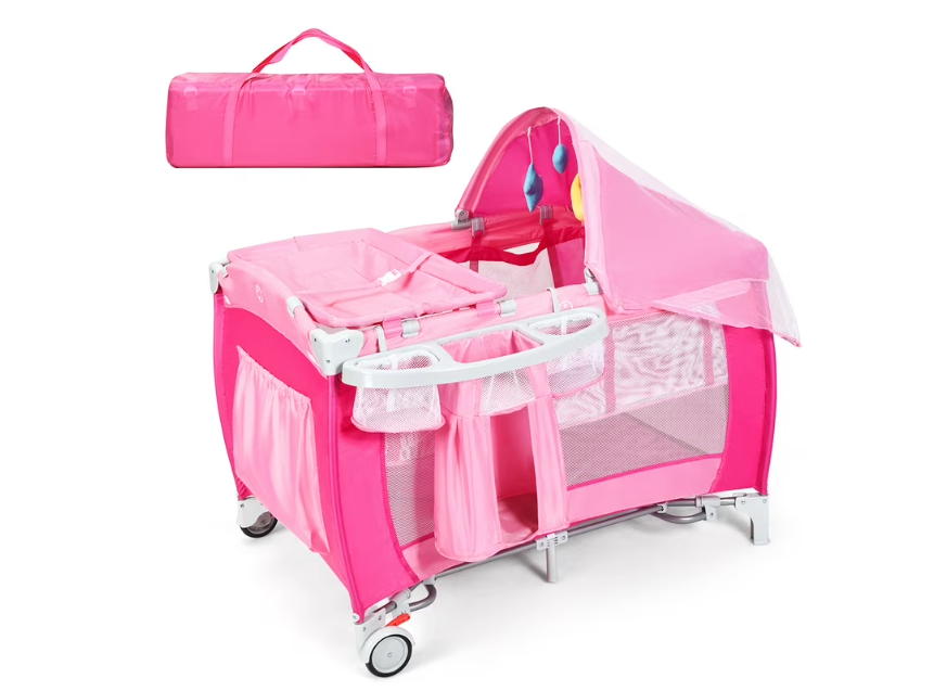 Infans Foldable Baby Crib Playpen Travel Infant Bassinet Bed Mosquito Net Music with Bag