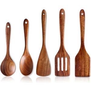 5 Pcs Best Wooden Spoons for Cooking Kitchen Utensils Set Acacia Wood Cooking Spatula Turner Non Toxic Utensil Slotted Serving Spoon Flat Spatulas Set Wooden Utensis Mixing Cooking Spoon Kitchen Tools