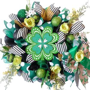 idyllic Irish Festival Aloe Green 22 Inch St Patricks Day Wreath, Four Leaf Clover Wood Sign with Green White Bow, Shamrock Decorations for Front Door Window Indoor Outdoor Holiday Decor