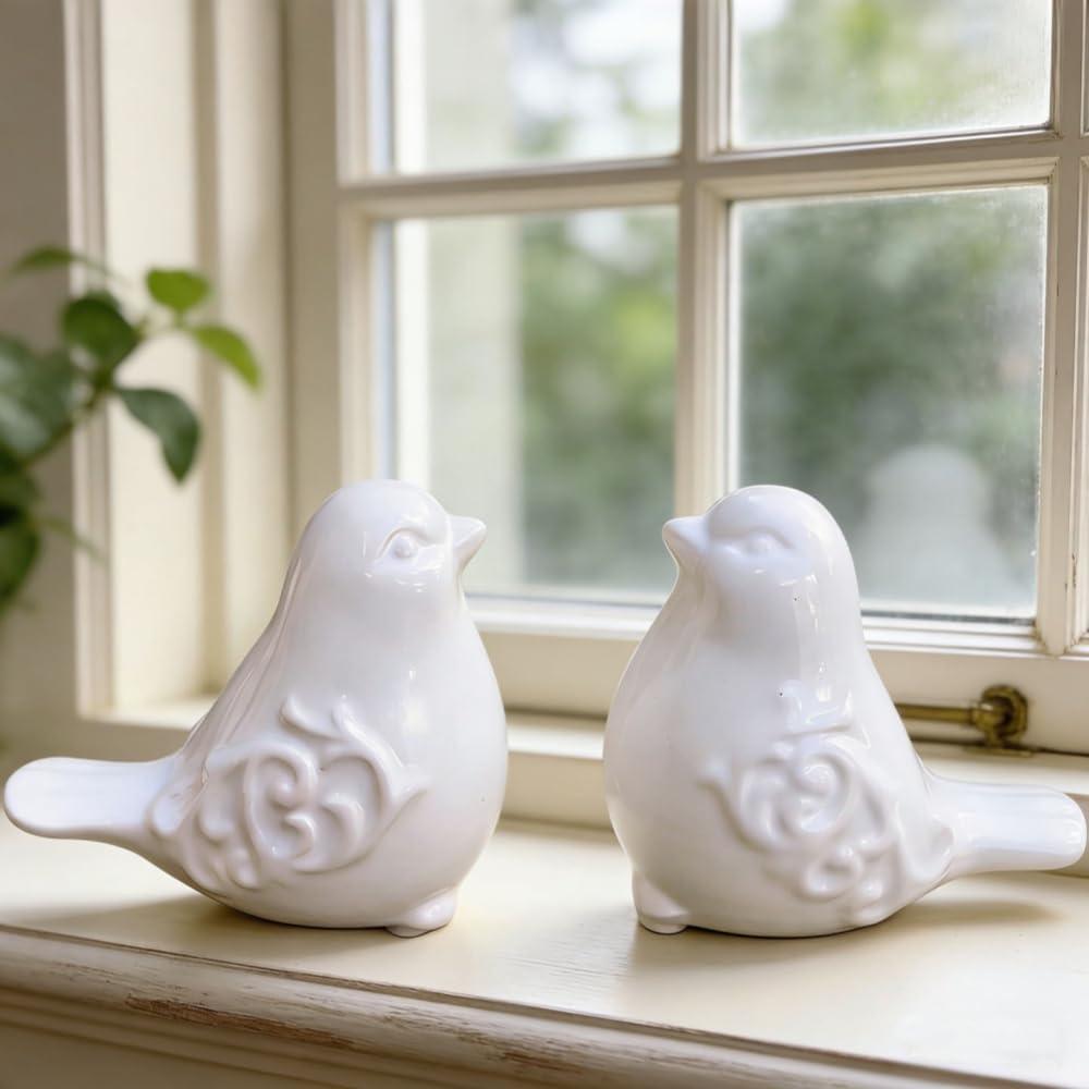 2PCS Ceramic Bird Figurines Decorative Bird Ornaments Statue for Home Garden Decor (White)