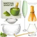 Matcha Whisk Set with Matcha Bowl - Matcha Set Included Electric Frother, Bamboo Whisk, Matcha Spoon, Bamboo Holder, Sifter, Spoon Stand (Clear Glass)