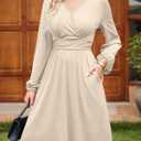 Dokotoo Womens 2026 Spring Summer Wrap V-Neck Long Sleeve Empire Waist Dress Elegant Mini Dresses with Pockets (M)