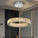 Modern LED 23.6" Ring Chandelier for Dining Room Living Room Dimmable Crystal Pendant Light Adjustable Round Chrome Crystal Chandelier