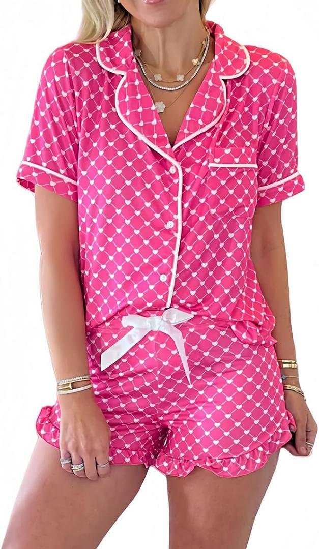 Women 2 Pieces Heart Floral Bow Pajama Sets Button-Down Short Sleeve Shirt Ruffle Short Sleepwear (XL)