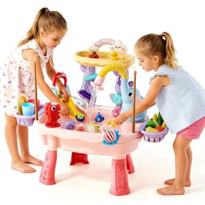 2027 Upgraded Toddler Sand Water Table Toy with Electric Water Pump, Kids Sand Water with Faucet/Play Food Accessories/Fishing Toy, Kitchen Play Sink Toys for Girl Boy Age 3+ (Pink)