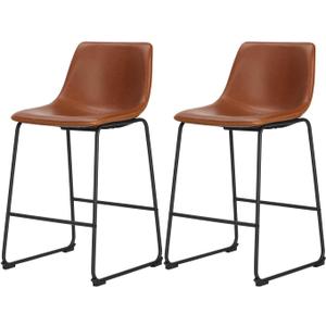 Sweetcrispy Counter Height Bar Stools Set of 2, Modern Counter Stool Faux Leather Barstools with Back, 26 inch Seat Height Island Stools Countertop Comfortable Brown Bar Chairs with Metal Legs