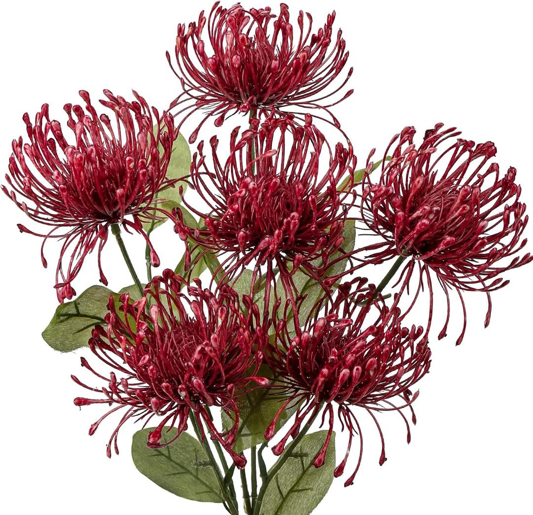 Hollyone 33" Red Artificial Mums Flowers Faux Chrysanthemum Flowers 2Pcs Spider Mum Flower Arrangement Spring Summer Pincushion Flower with 3 Heads Long Stem for Centerpiece Bouquet Home Decor