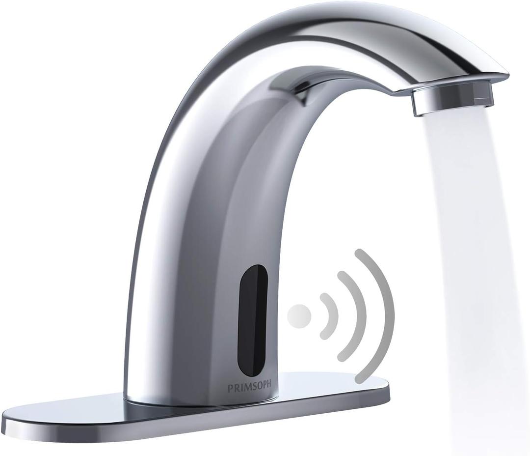 PRIMSOPH Automatic Motion Sensor Hands Free Electronic Infrared Smart Commercial Touchless Bathroom Sink Faucet with Cover Plate Temperature Mixer Battery or Plug-in Powered Chrome
