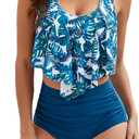 Edelqual Tankini Swimsuits for Women Plus Size Mom Maternity Tummy Control Bathing Suit Two Piece Top Full Coverage High Waisted Bikini Bottom 2024(Blue Leaves 2XL)