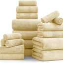 18 Pcs Yellow Woven Family Towels Set-6 Bath Sheets,6 Hand Towels,6 Washcloths Soft Polyester Towels Absorbent Shower Towel Quick Dry Beach Chair Towel Lint Less Towels Set for Bathroom Spa Gym Hotel