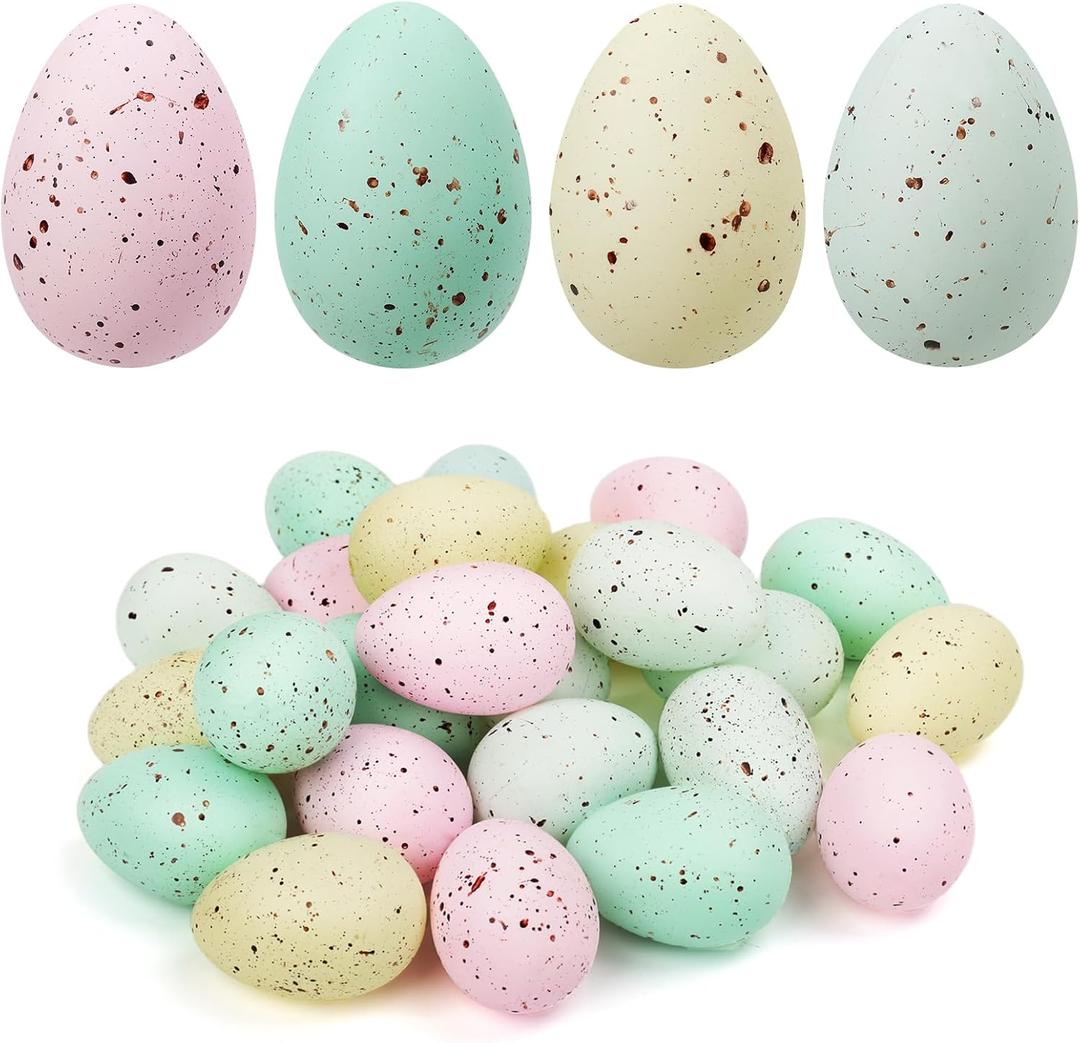 KJX 24 Pcs Plastic Speckled Easter Eggs, 2.4in 4 Colors Faux Pastel Speckled Eggs Bowl Vase Filler, Decorative Easter Eggs for Home Tables Centerpieces DIY Craft Spring Decor (Pastel)