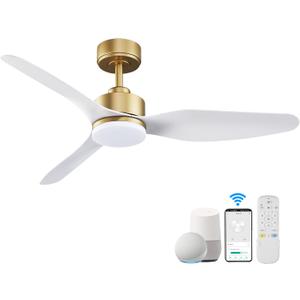 48 Inch Smart Ceiling Fans with Lights and Remote Control,Dimmable LED Light,Outdoor Indoor Gold White Ceiling Fan,Quiet DC Motor,WIFI Alexa App Workable,for Modern Bedroom Living Room Patio