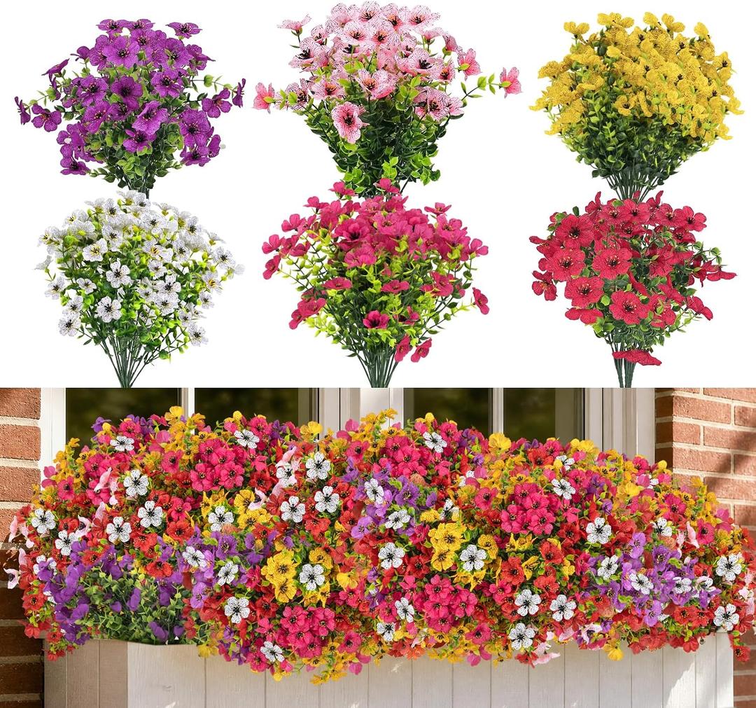 CLEANGOR 48 Pcs Artificial Flowers for Outdoors (6 Color) | UV Resistant Artificial Outdoor Plants, Fake Daisy with Eucalyptus Leaves, for Spring Summer Garden, Porch, Home Decor