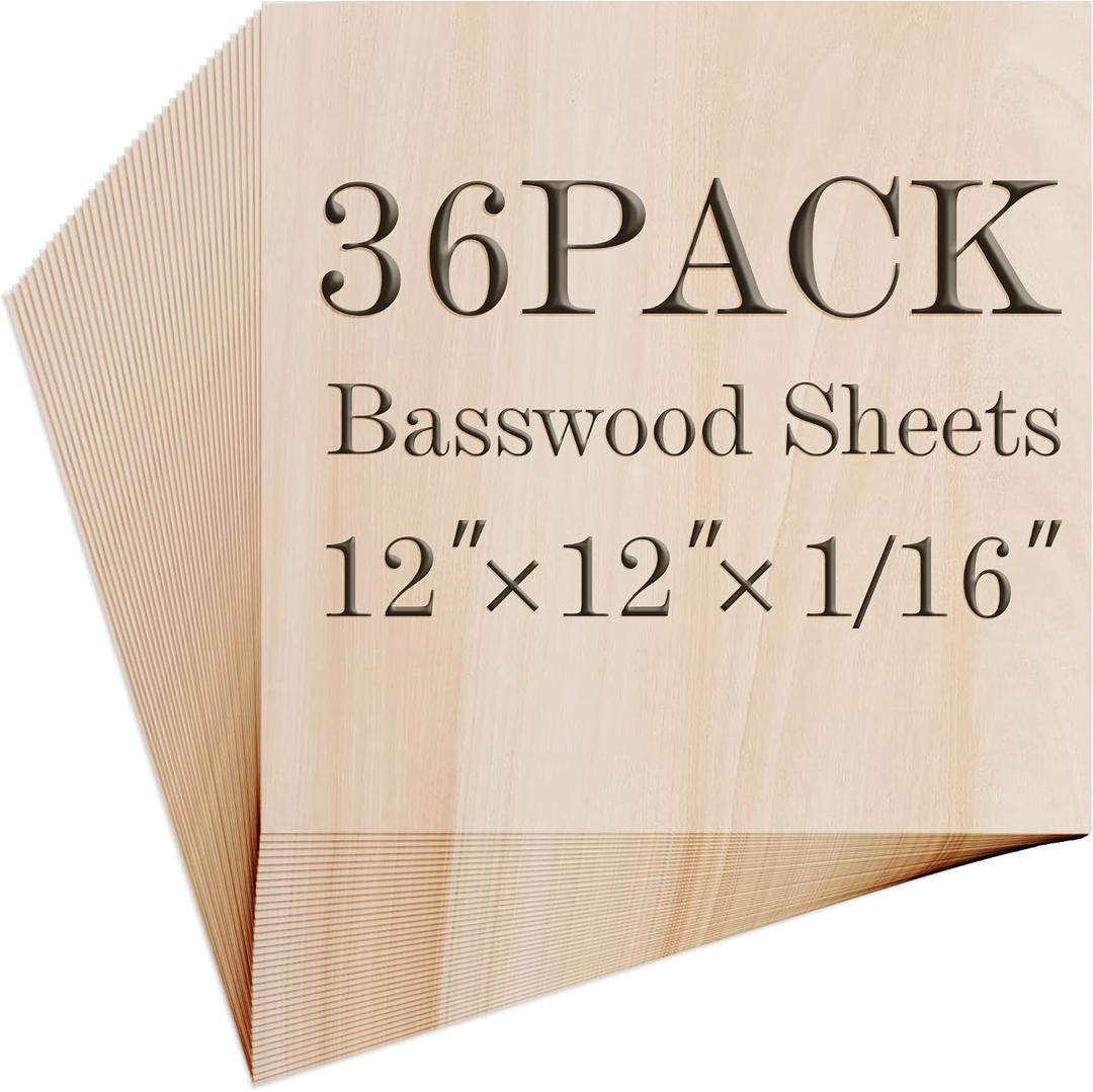 Balsa Wood Sheet, 36Pack Plywood Sheets, Basswood Sheets 12X12X1/16 Inch, Unfinished Wood Boards Blanks for Laser Cutting, Engraving, Burning, Crafts(H305/17-36)