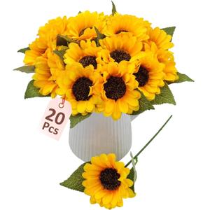 20 PCS Fake Silk Sunflowers Artificial Flower with Stems for Home Wedding Party Centerpieces Decoration Bridal Bouquets Tables Floral Arrangements Wreath DIY Art Crafts Decor (Yellow)