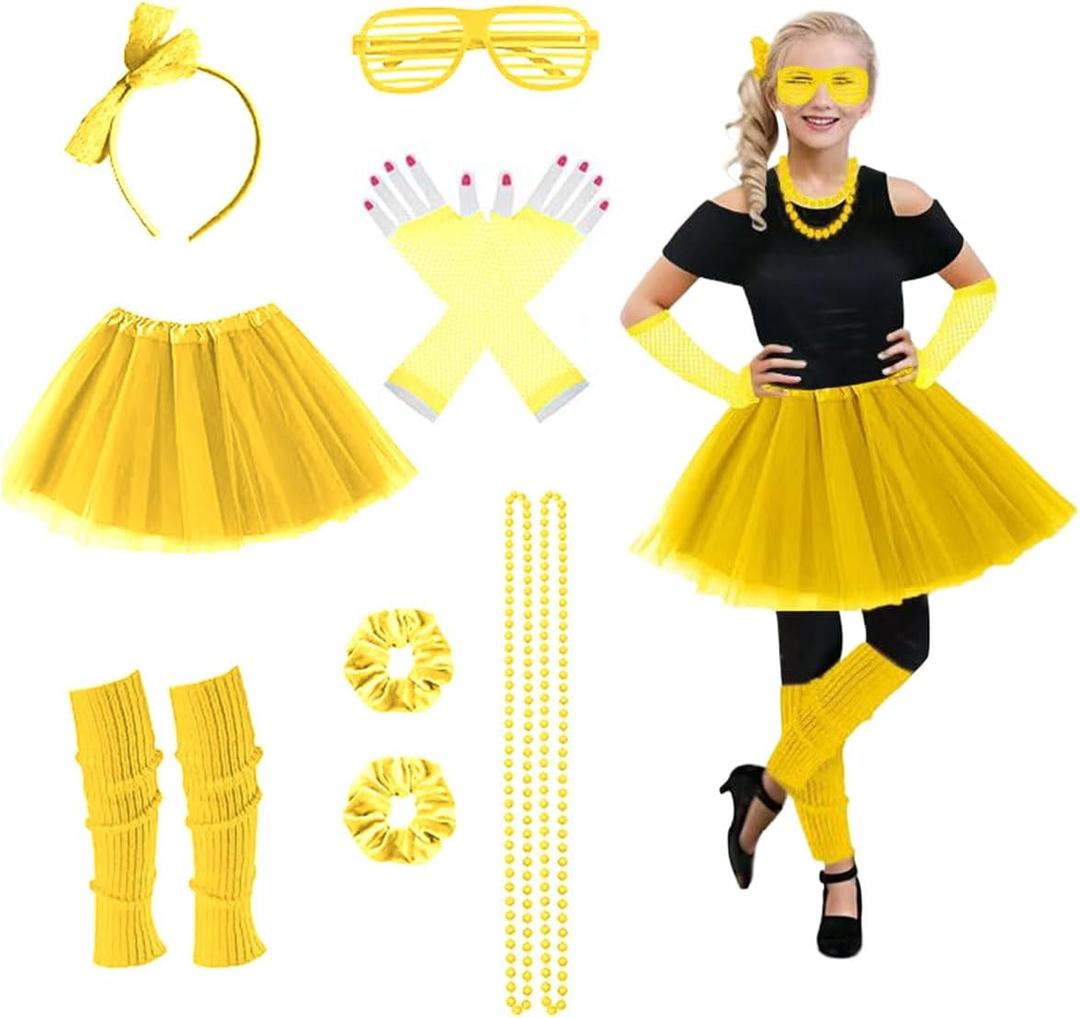 Joizomou Girls 80s Outfit Costume Accessories 7pcs 70s 1980s 90s Costumes (Yellow)