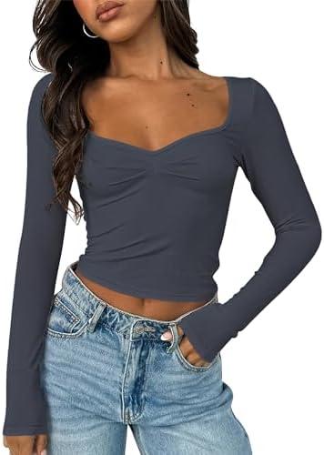 TiulZial Women's Long Sleeve Going Out Crop Top Sexy Pleated Trendy Shirt Sweetheart Neck Y2K Ruched Cropped Tops,M