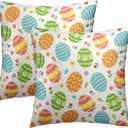 Easter Throw Pillow Covers 18X18 Inches Set of 2 Colorful Eggs Spring Flowers Pillowcase Soft Cotton Square Seasonal Cushion Covers for Living Room Sofa Bedroom Decor