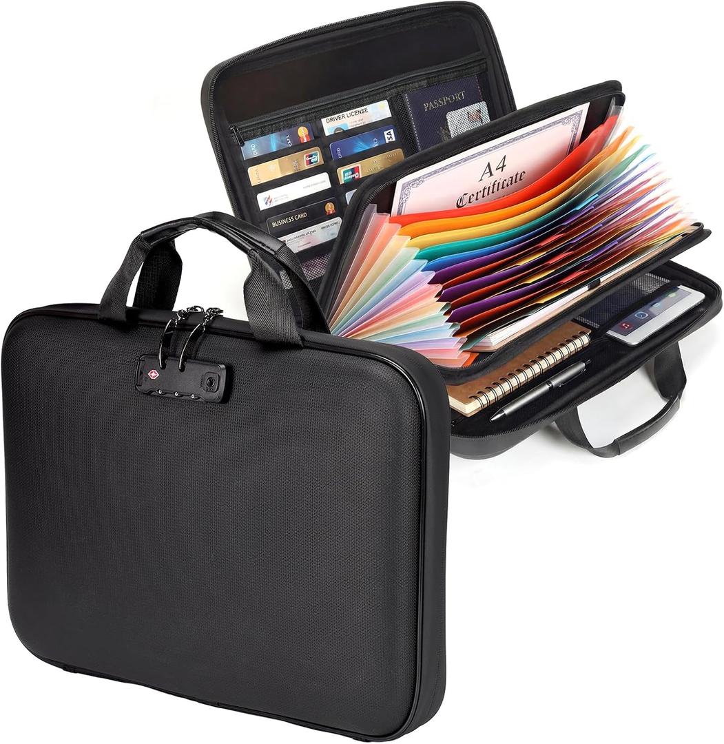 Calenzana Fireproof Document Boxes with TSA Lock, Upgraded 16 Pockets FireproofWater Resistant File Organizer, Hard-Shell Safe Box for Important Certificates, Passport, Laptop