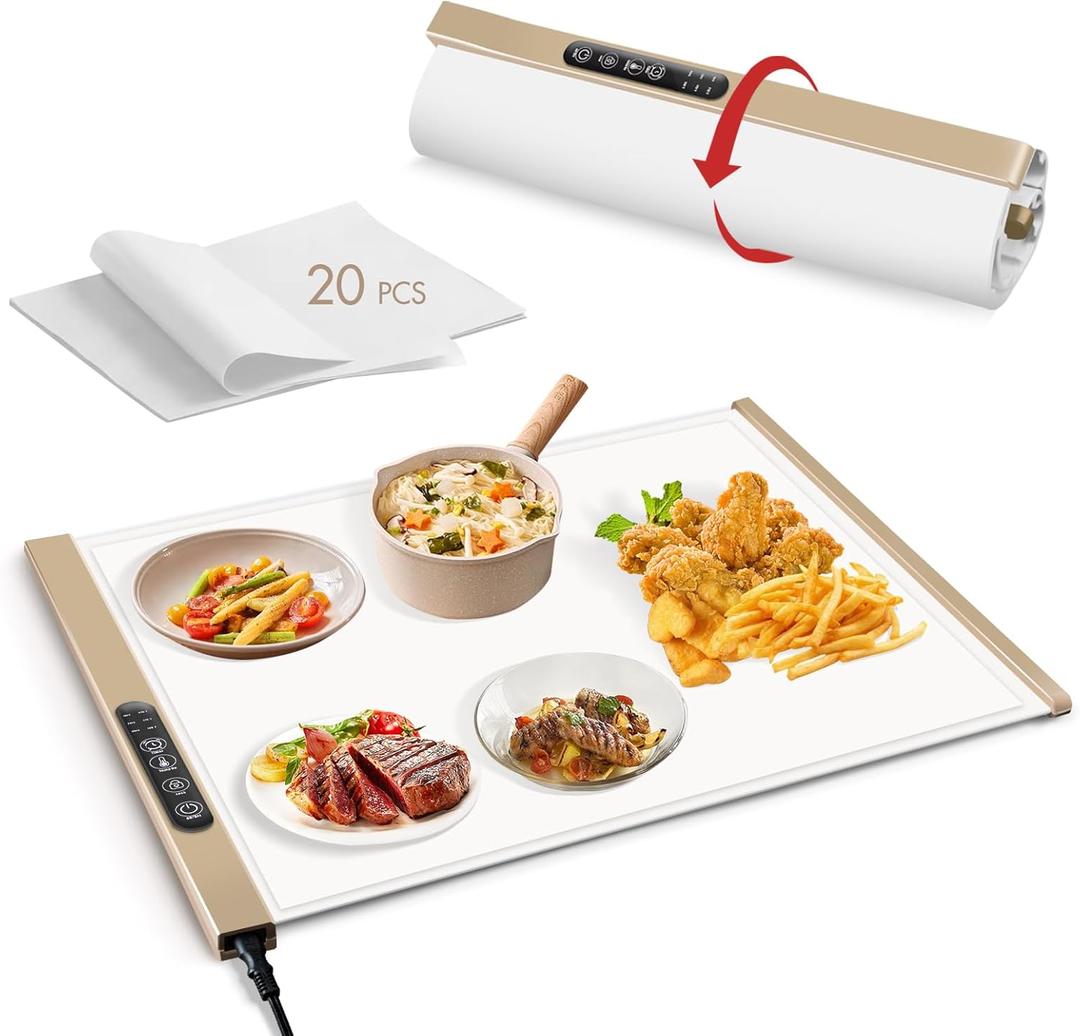Silicone Food Warming Mat, Portable Electric Heating Tray with 1/2/4 Hours Timer, 3 Level Adjustable Temperature Hot Pad Kitchen Warmer Mat for Parties Buffet Countertop Roll Up Family Party Camping