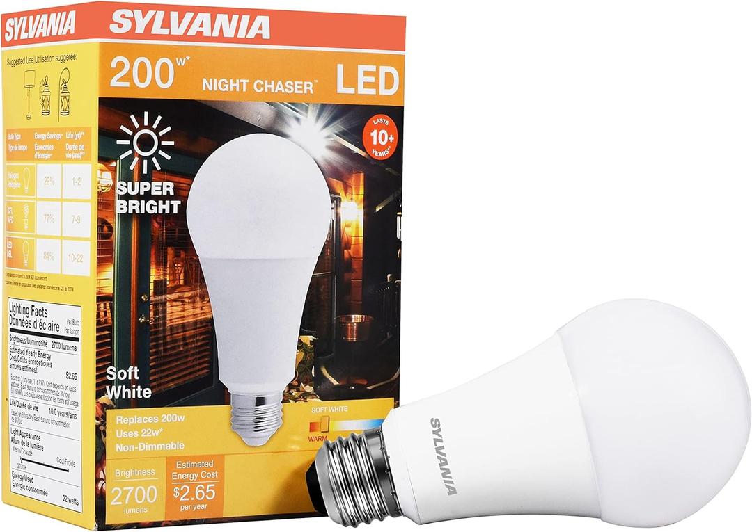Sylvania Night Chaser LED A21 Light Bulb, 200W Equivalent, Efficient 22W, 10 Year, Non-Dimmable, Super Bright 3000 Lumen, Soft White - 1 Pack (40584)