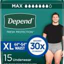 Depend Fresh Protection Adult Diapers, Incontinence Underwear for Men, Disposable, Maximum, ExtraLarge, Grey, 15 Count