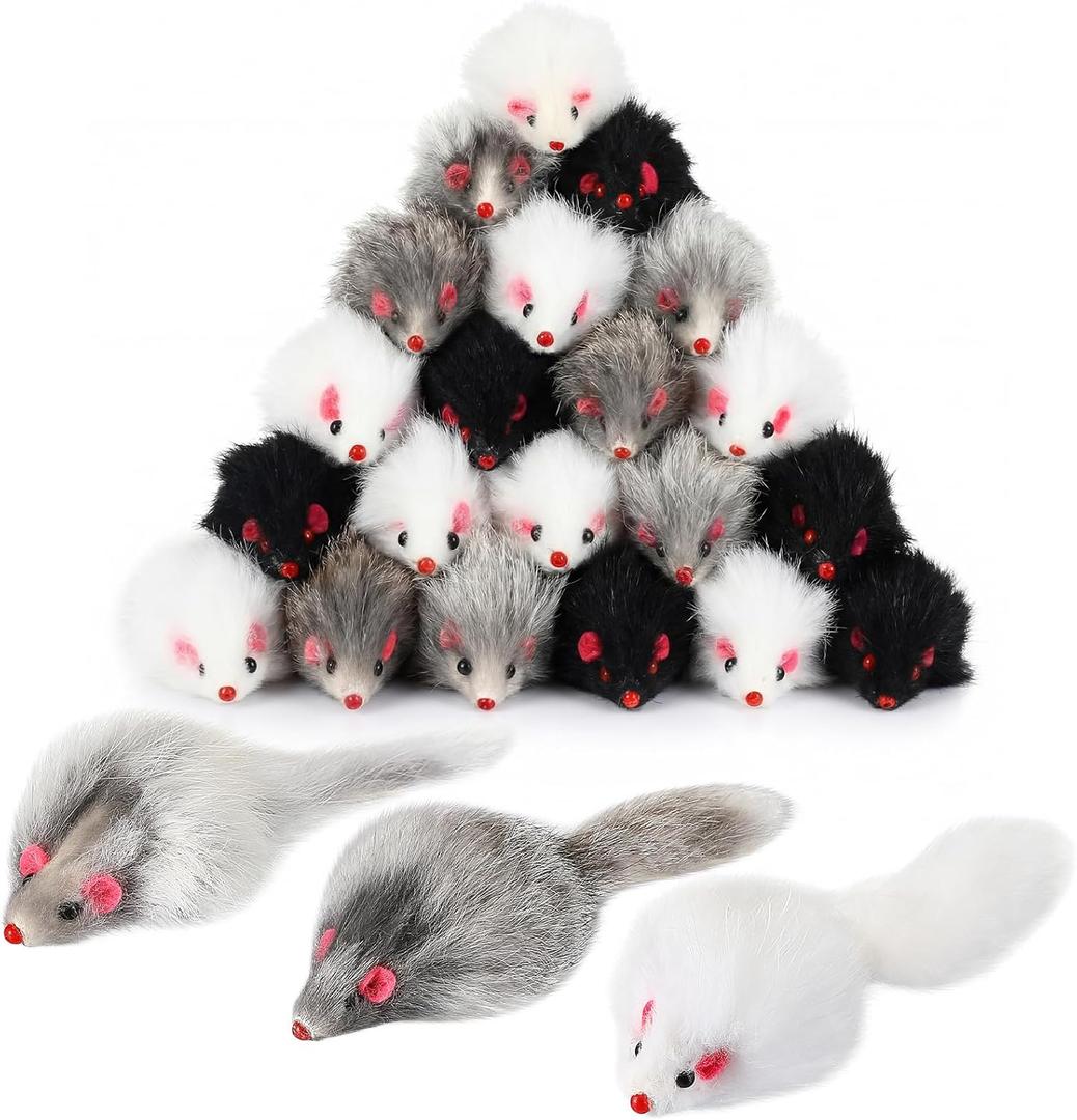 Hungdao 12 Pcs Furry Mice Interactive Catch Play Rabbit Fur Mouse Rattle Sound Rat Plush for PET Cats and Kittens, 3 Colors (White,Black,Gray)