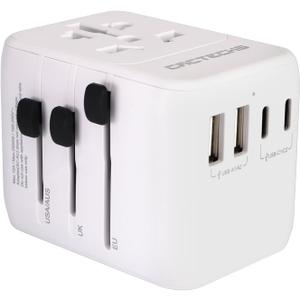 All-in-One International Plug Adapter Universal Travel Adapter with Surge Protector and PD 35W Dual USB 3 Type C Ports Outlet Extender for USA AU EU UK (White)
